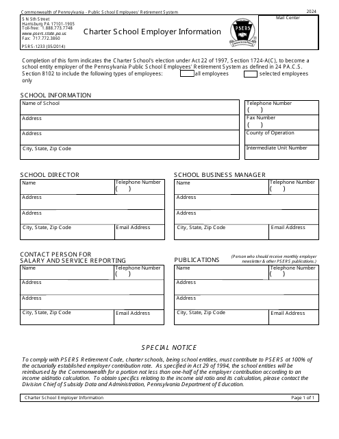 Form PSRS-1233 Charter School Employer Information - Pennsylvania