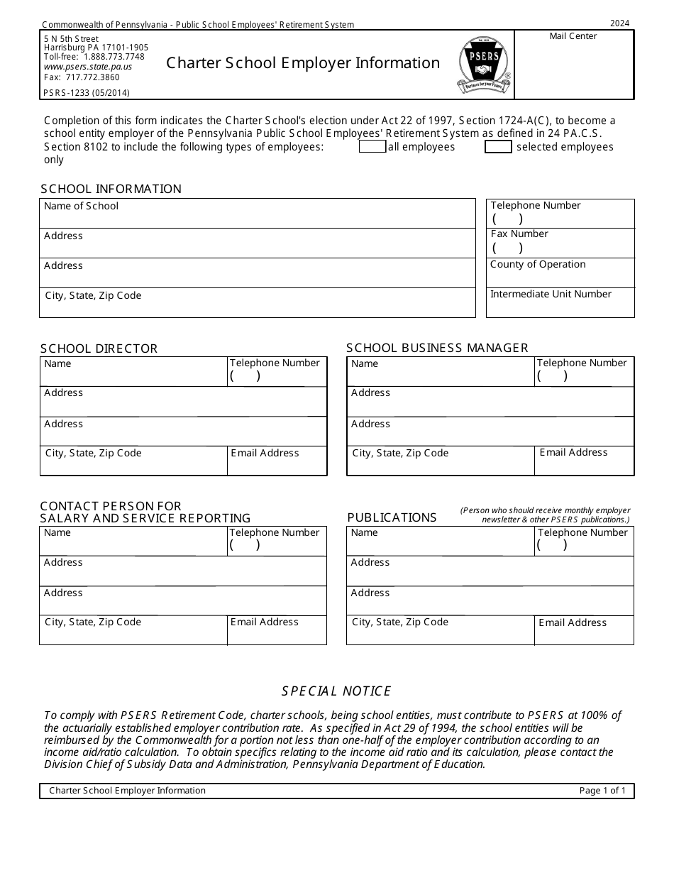Form PSRS-1233 Charter School Employer Information - Pennsylvania, Page 1