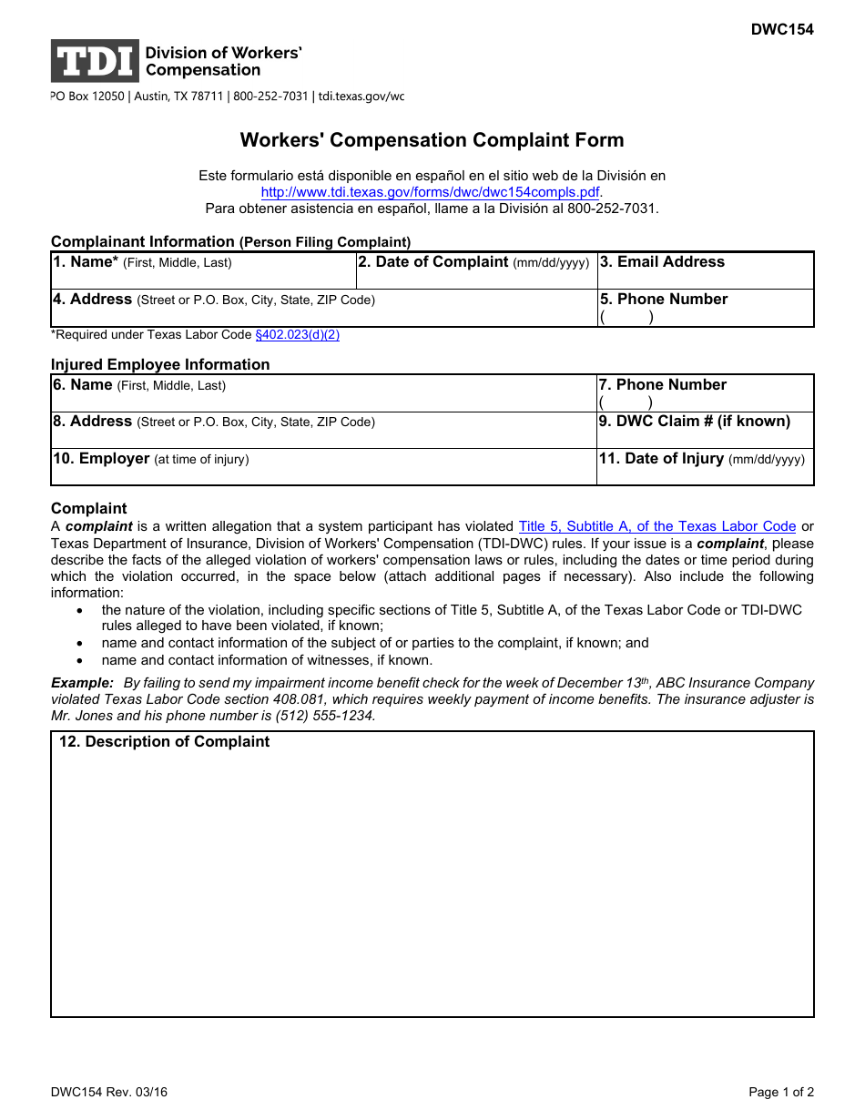 Form DWC154 Workers Compensation Complaint Form - Texas, Page 1