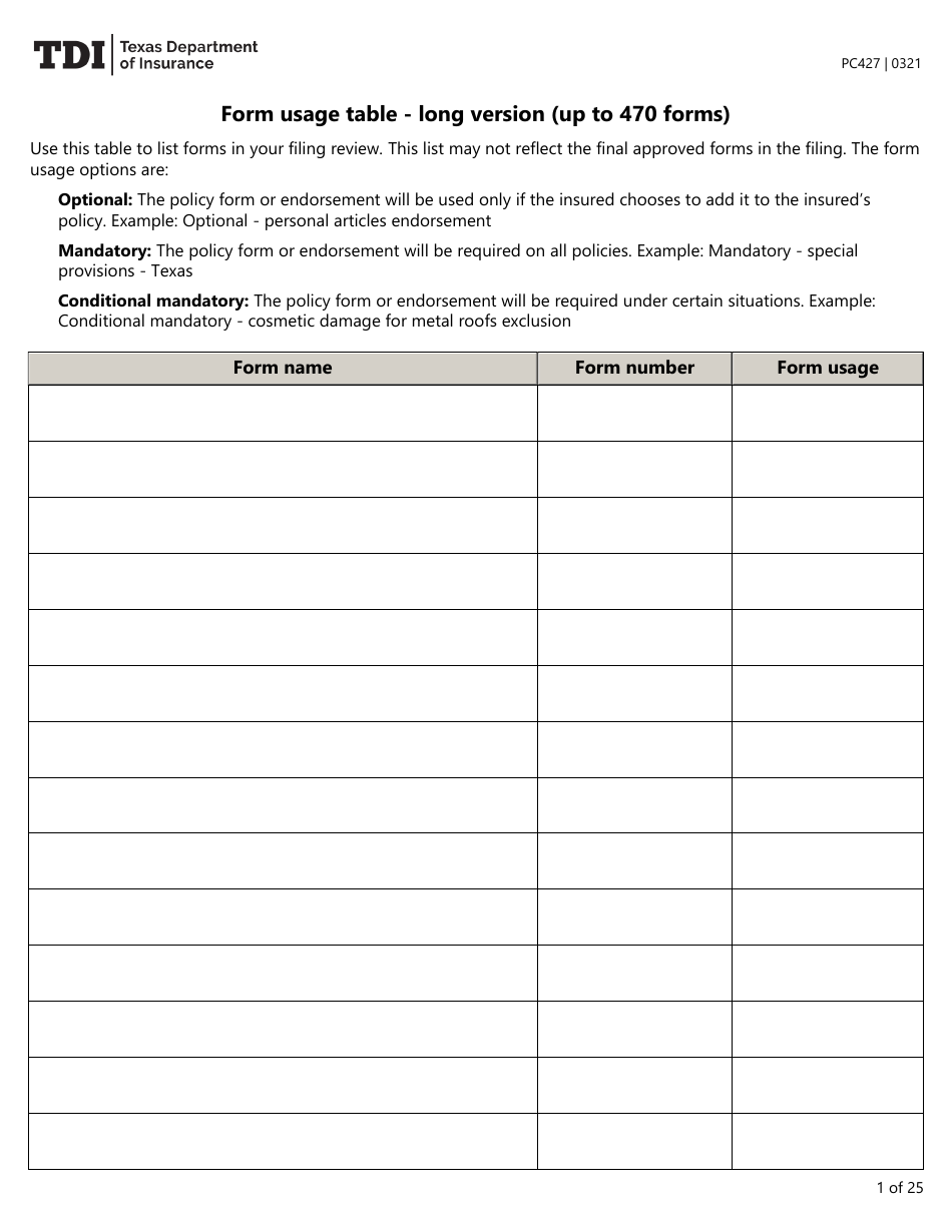 Form PC427 Form Usage Table - Long Version (Up to 470 Forms) - Texas, Page 1