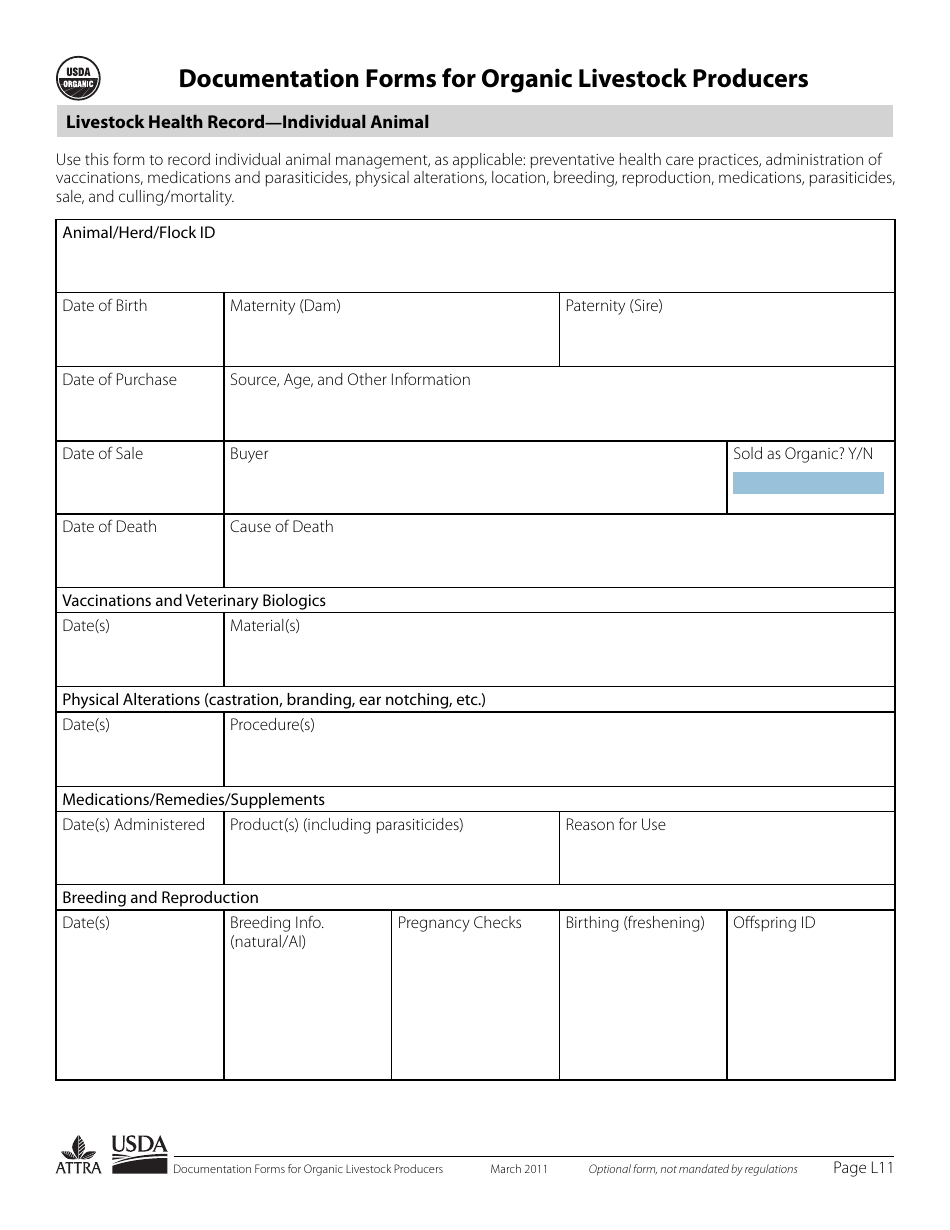 Documentation Forms for Organic Livestock Producers, Page 11