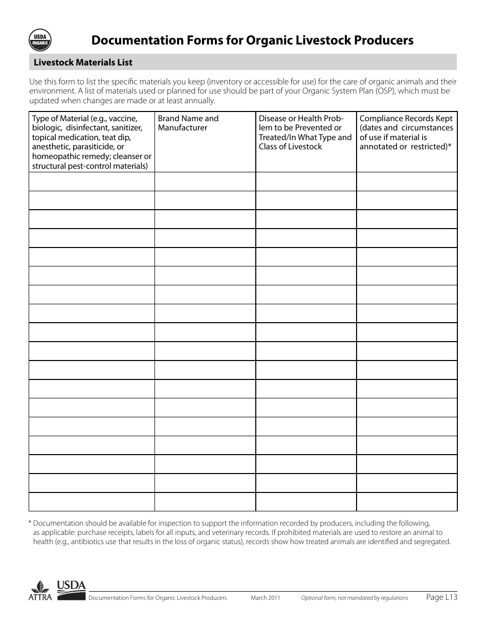 Documentation Forms for Organic Livestock Producers, Page 13
