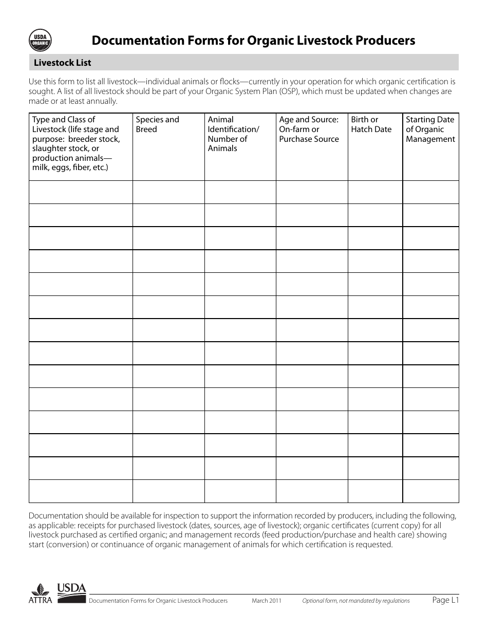 Documentation Forms for Organic Livestock Producers, Page 1