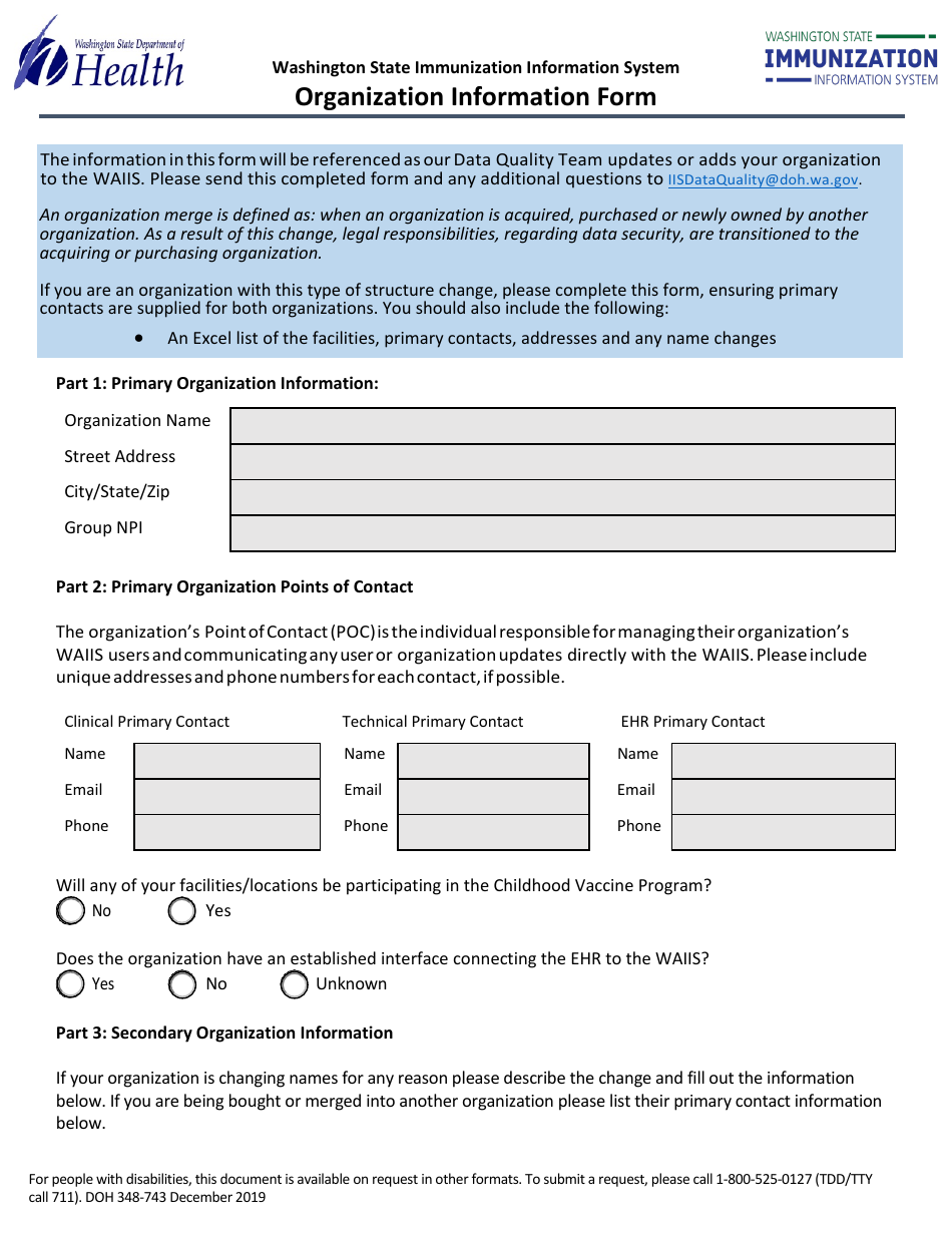 DOH Form 348-743 Organization Information Form - Washington, Page 1