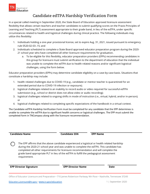 Candidate Edtpa Hardship Verification Form - Tennessee Download Pdf