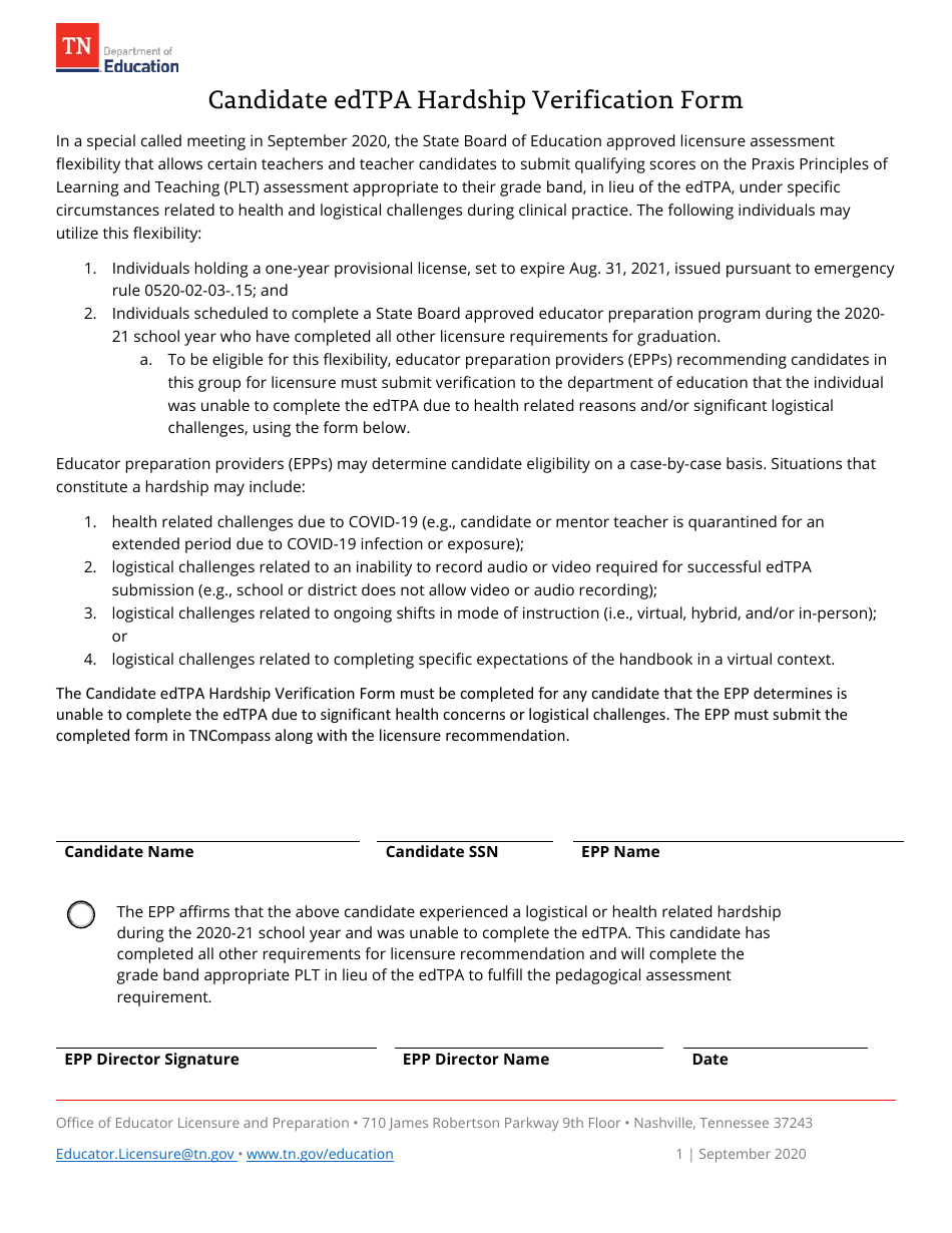 Candidate Edtpa Hardship Verification Form - Tennessee, Page 1