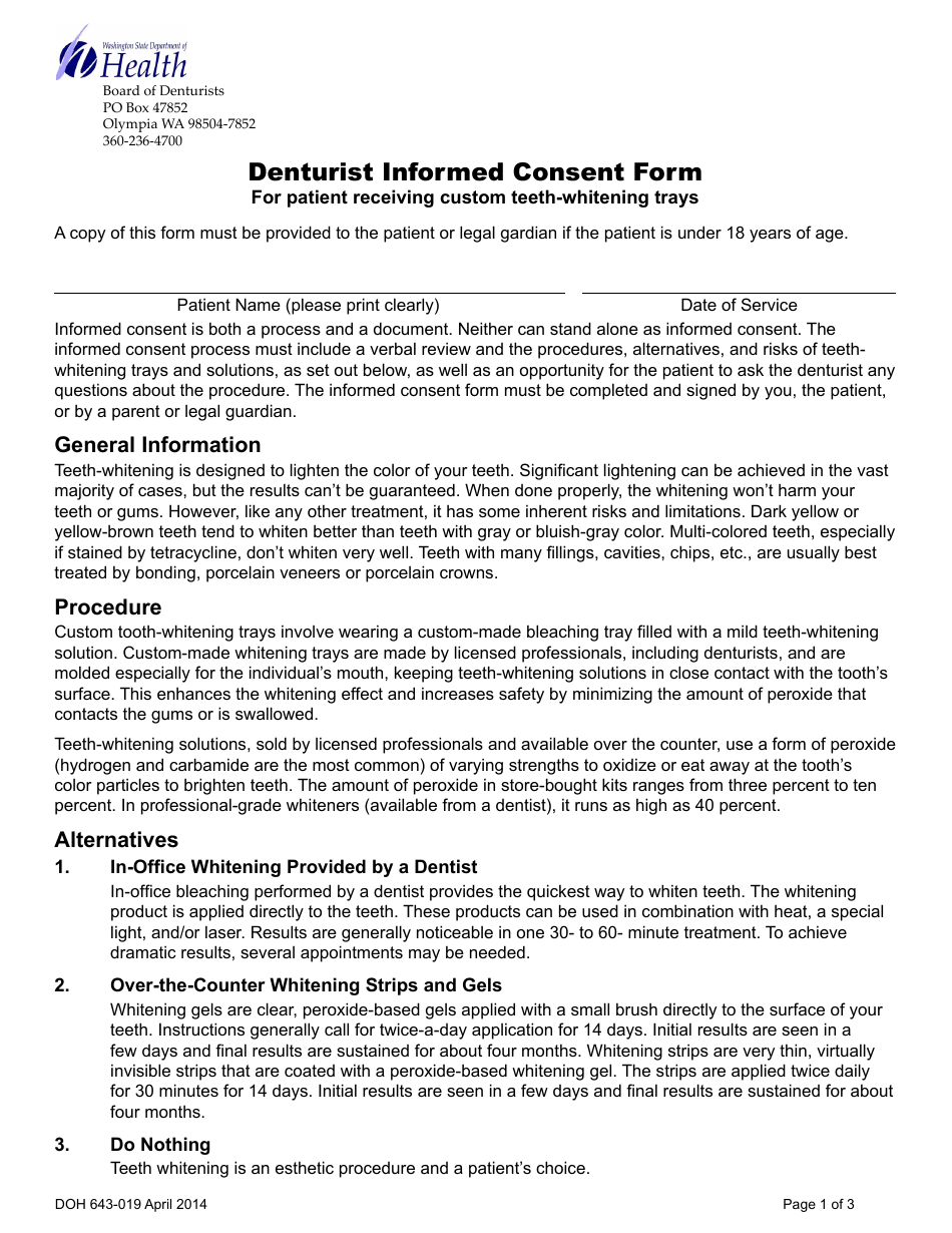 DOH Form 643-019 Denturist Informed Consent Form - Washington, Page 1