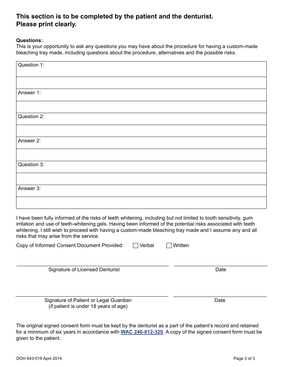DOH Form 643-019 Denturist Informed Consent Form - Washington, Page 3