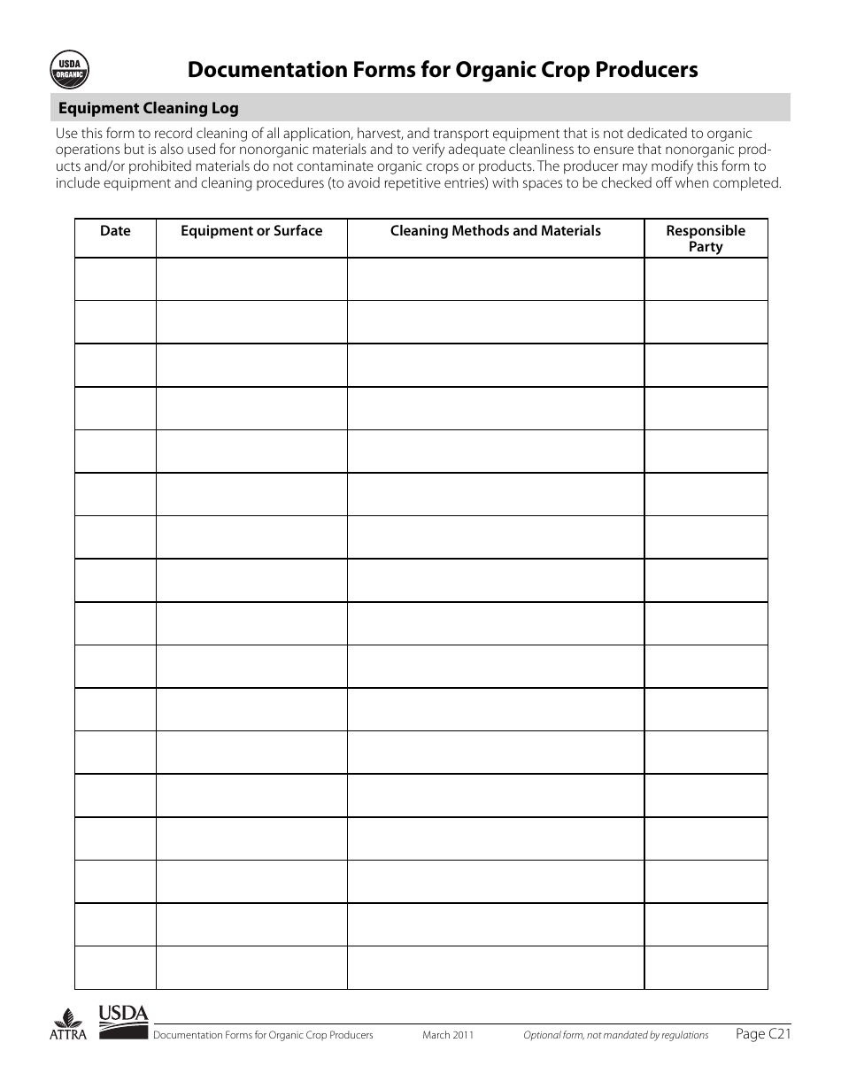 Page C21 Documentation Forms for Organic Crop Producers - Equipment Cleaning Log, Page 1