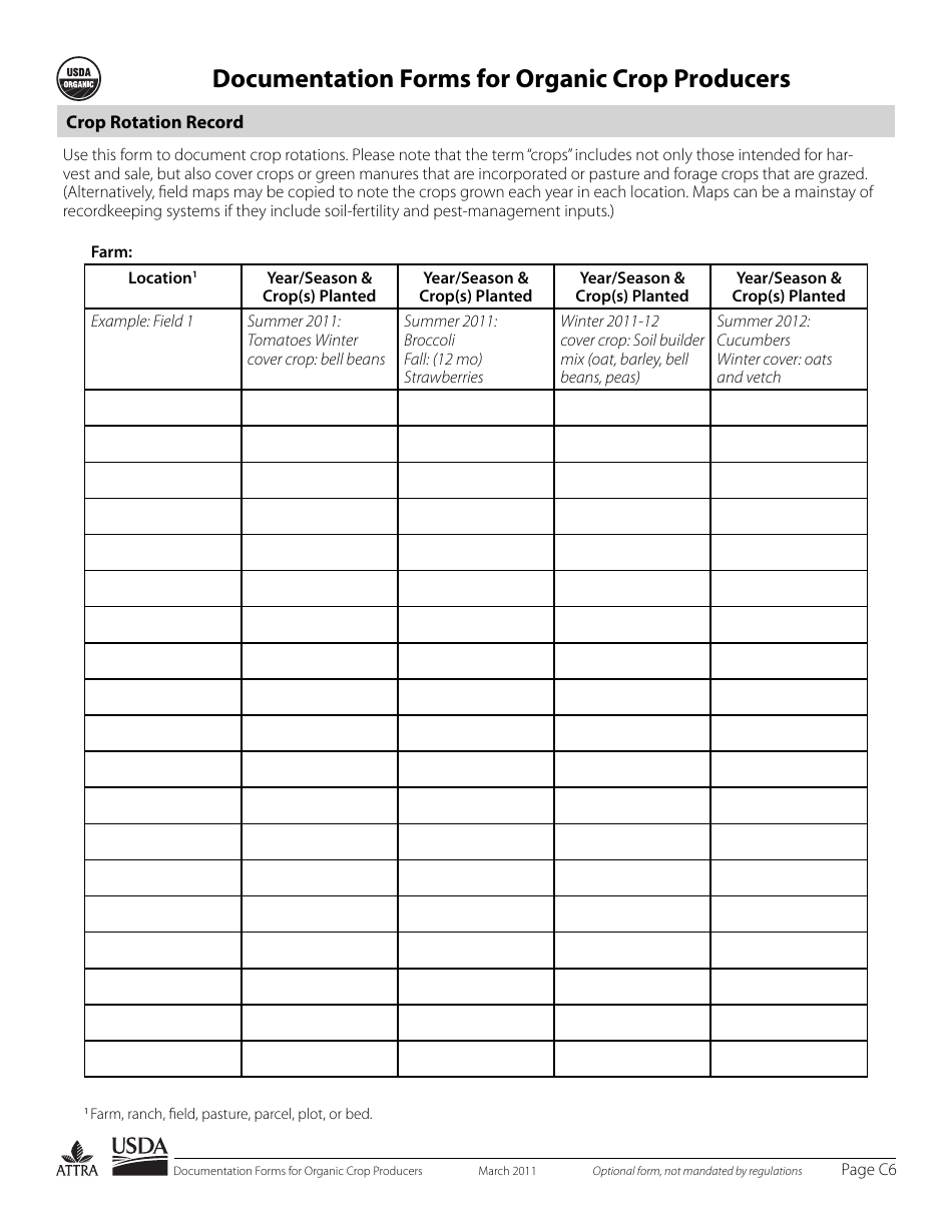 Page C6 Documentation Forms for Organic Crop Producers - Crop Rotation Record, Page 1