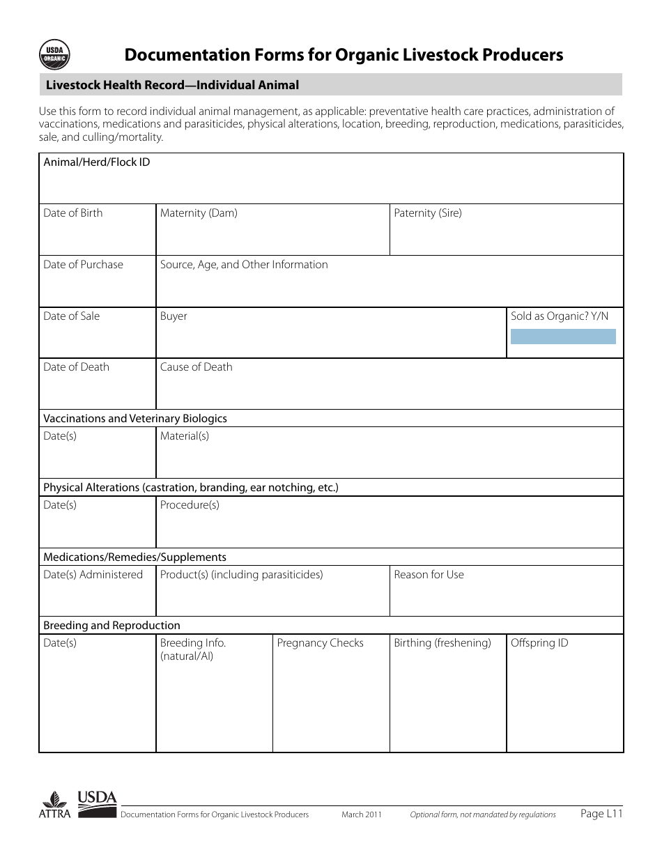 Page L11, L12 Documentation Forms for Organic Livestock Producers - Livestock Health Record - Individual Animal / Poultry Flock, Page 1