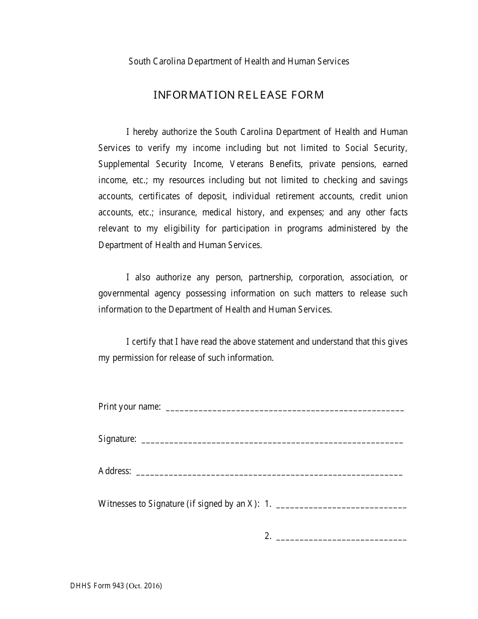 DHHS Form 943 Information Release Form - South Carolina, Page 1