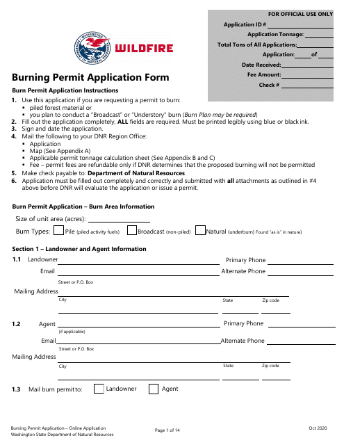 Burning Permit Application Form - Washington Download Pdf