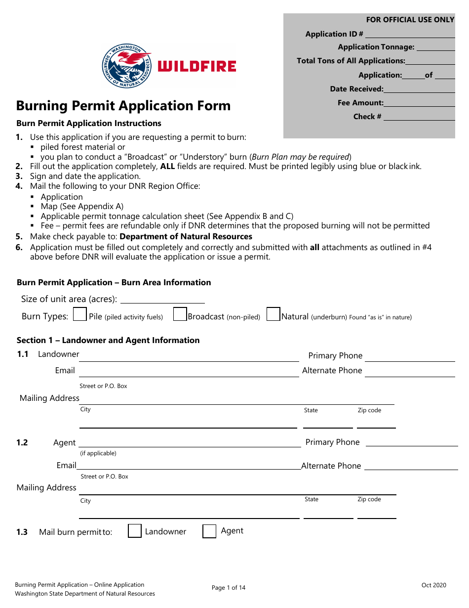 Burning Permit Application Form - Washington, Page 1