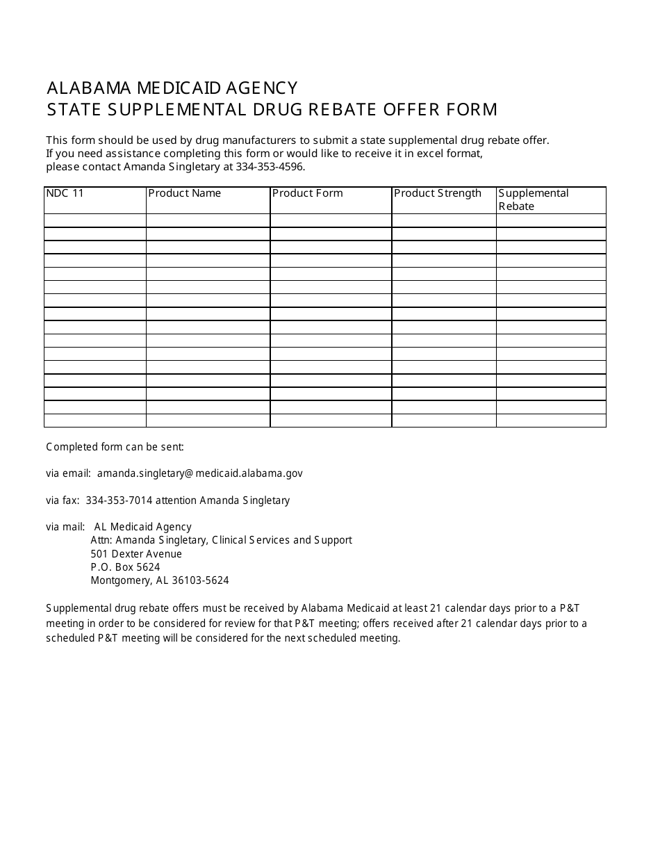 State Supplemental Drug Rebate Offer Form - Alabama, Page 1