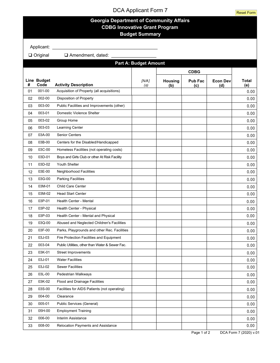 DCA Form 7 Budget Summary - Cdbg Innovative Grant Program - Georgia (United States), Page 1