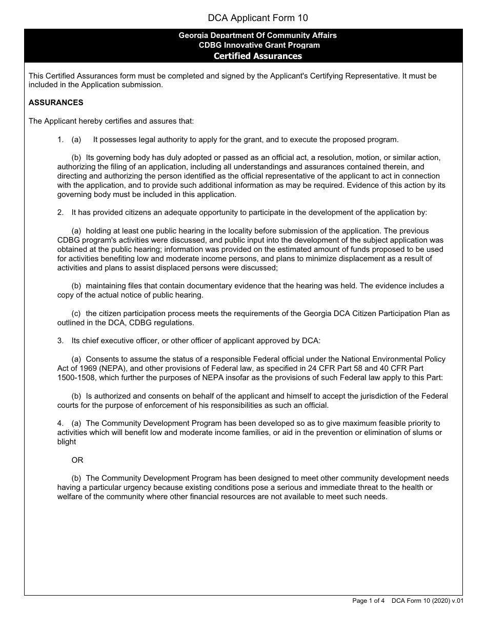 DCA Form 10 Cdbg Innovative Grant Program Certified Assurances - Georgia (United States), Page 1