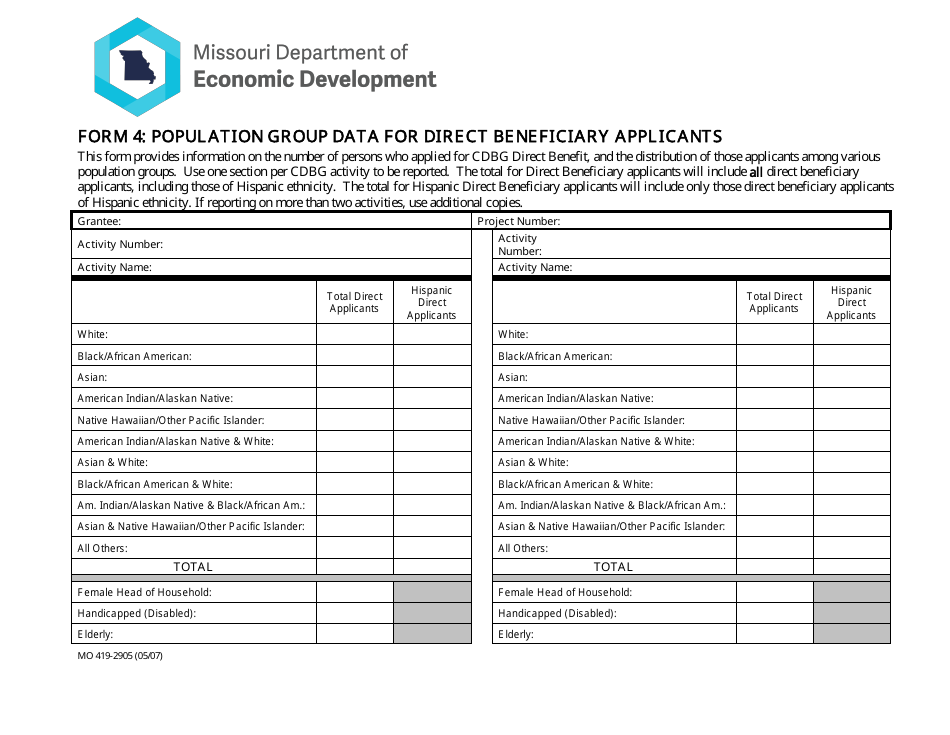 Form 4 (MO419-2905) Population Group Data for Direct Beneficiary Applicants - Missouri, Page 1