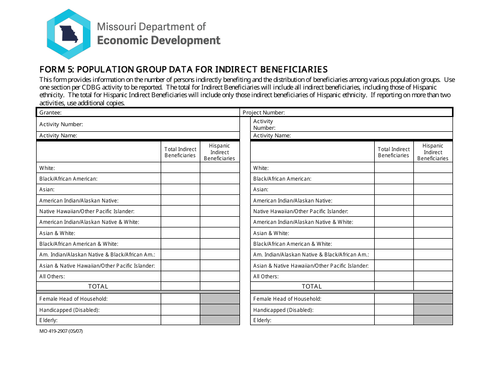 Form 5 (MO419-2907) Population Group Data for Indirect Beneficiaries - Missouri, Page 1
