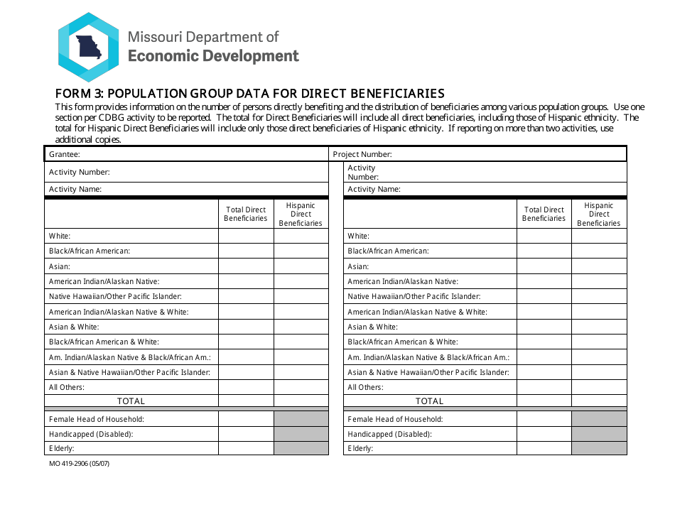 Form 3 (MO419-2906) Population Group Data for Direct Beneficiaries - Missouri, Page 1