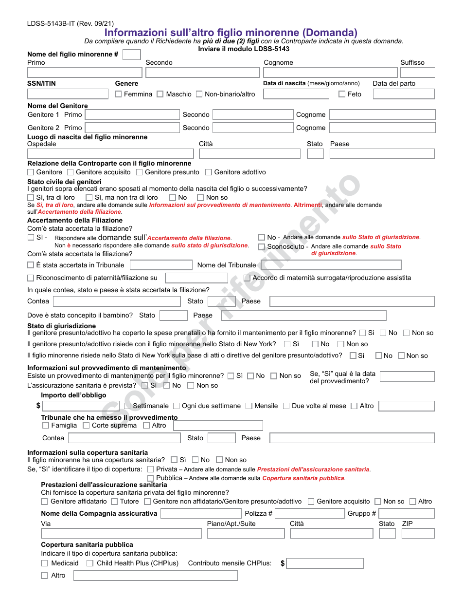 Form LDSS-5143B Additional Child Information (Application) - New York (Italian), Page 1