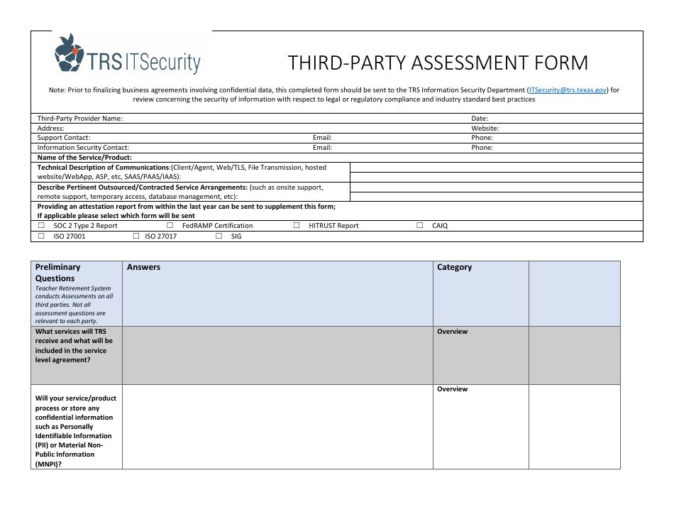 Third-Party Assessment Form - Texas, Page 1
