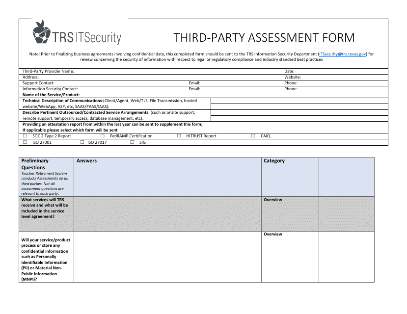 Third-Party Assessment Form - Texas Download Pdf
