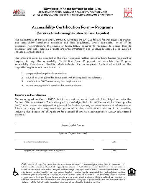 Accessibility Certification Form - Washington, D.C. Download Pdf