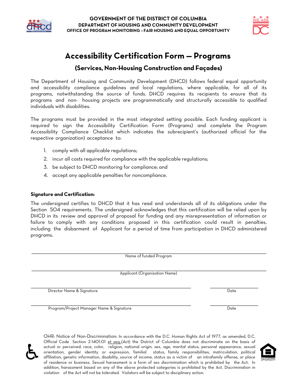 Washington, D.C. Accessibility Certification Form Fill Out, Sign