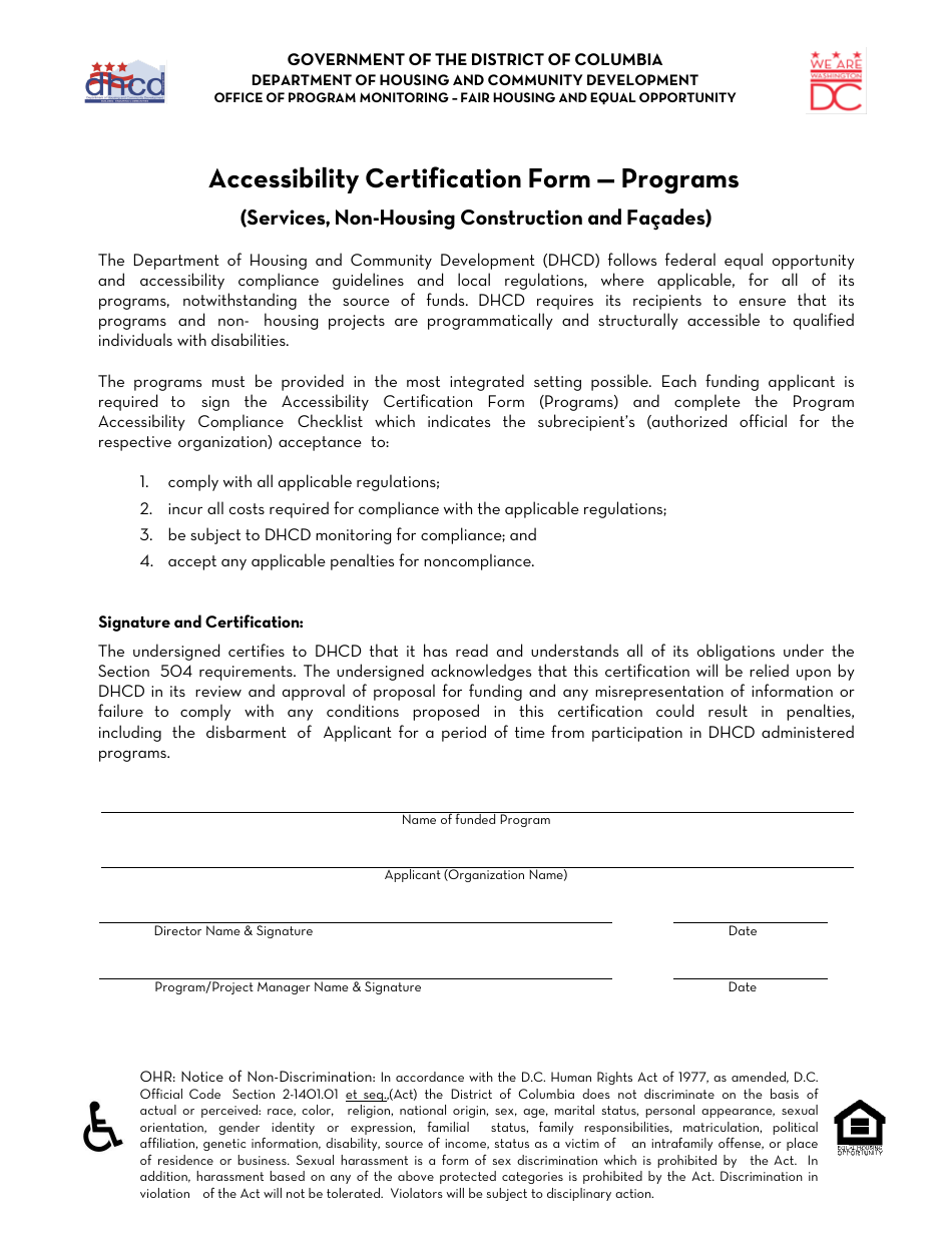 Accessibility Certification Form - Washington, D.C., Page 1