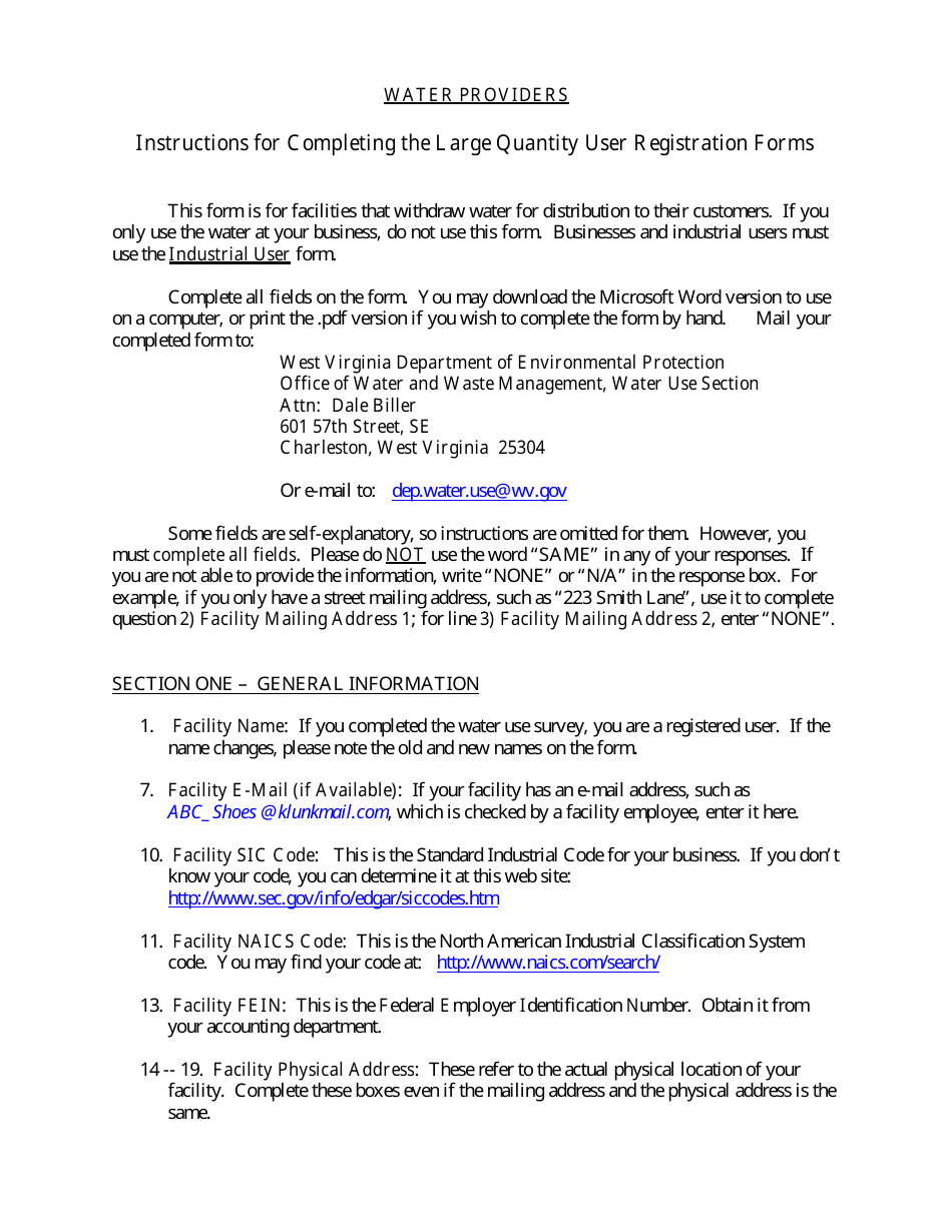 Instructions for Large Quantity User Registration Form - Water Providers - West Virginia, Page 1