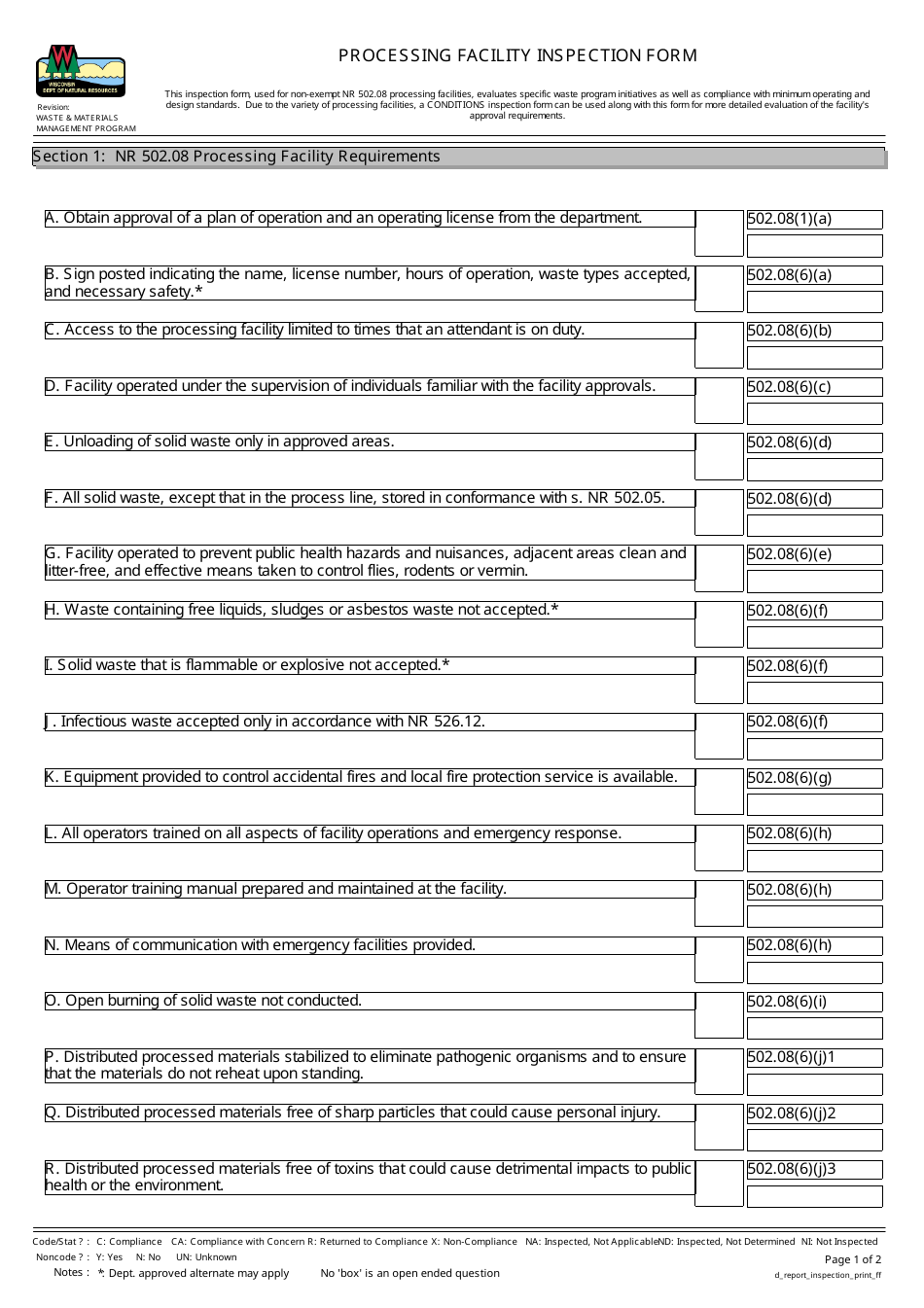 Processing Facility Inspection Form - Wisconsin, Page 1