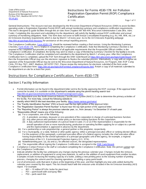 Instructions for Form 4530-178 Air Pollution Registration Operation Permit (Rop) Annual Compliance Certification - Wisconsin