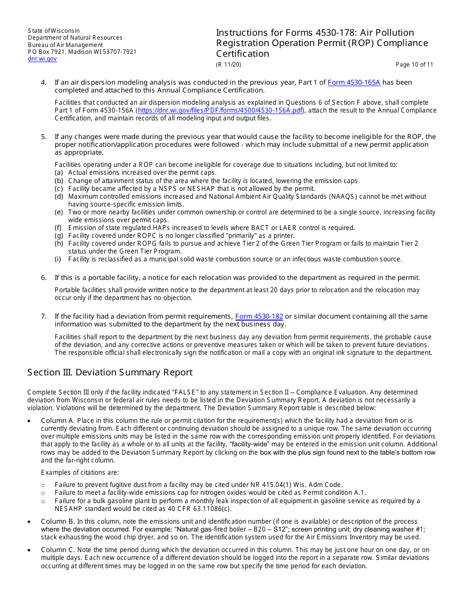 Instructions for Form 4530-178 Air Pollution Registration Operation Permit (Rop) Annual Compliance Certification - Wisconsin, Page 10