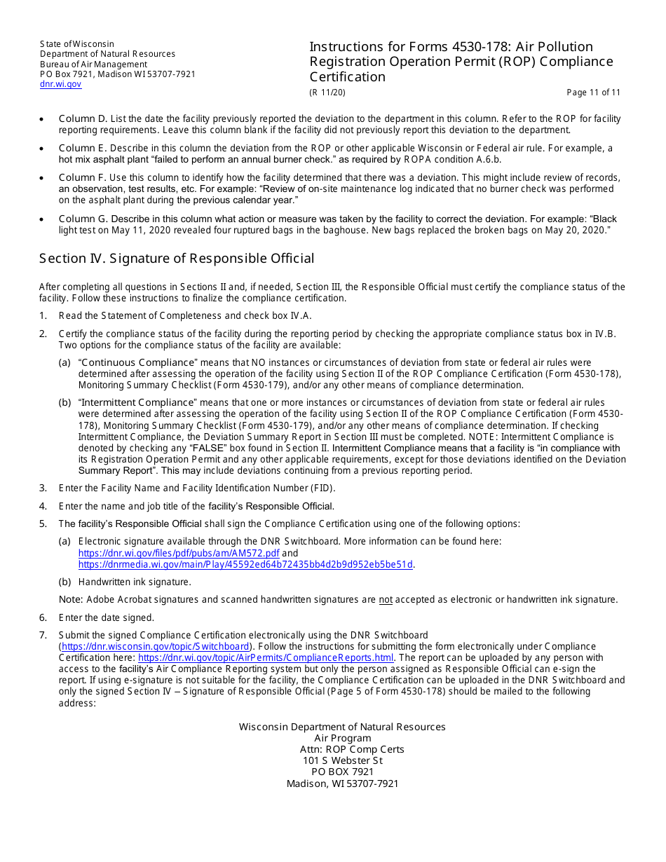 Instructions for Form 4530-178 Air Pollution Registration Operation Permit (Rop) Annual Compliance Certification - Wisconsin, Page 11