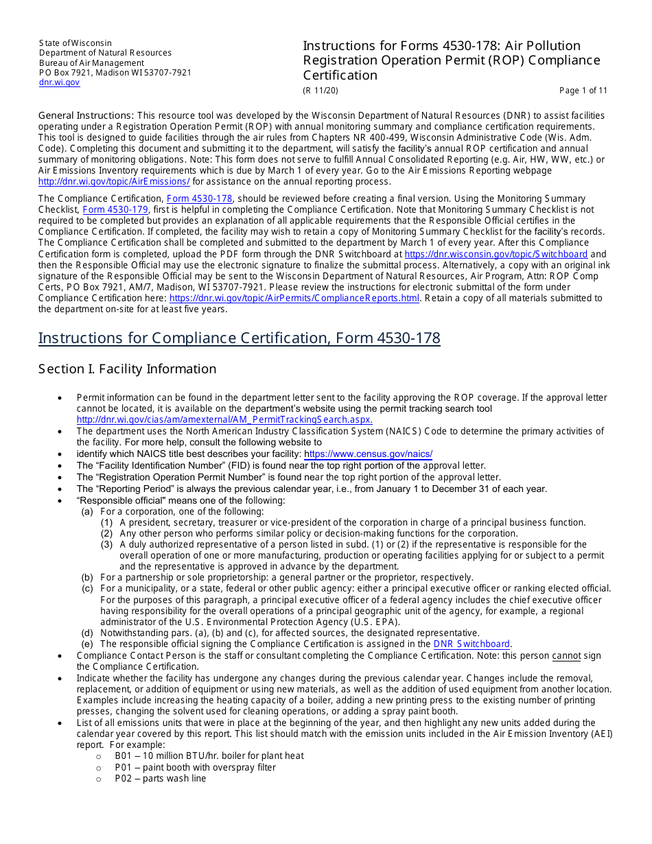 Instructions for Form 4530-178 Air Pollution Registration Operation Permit (Rop) Annual Compliance Certification - Wisconsin, Page 1