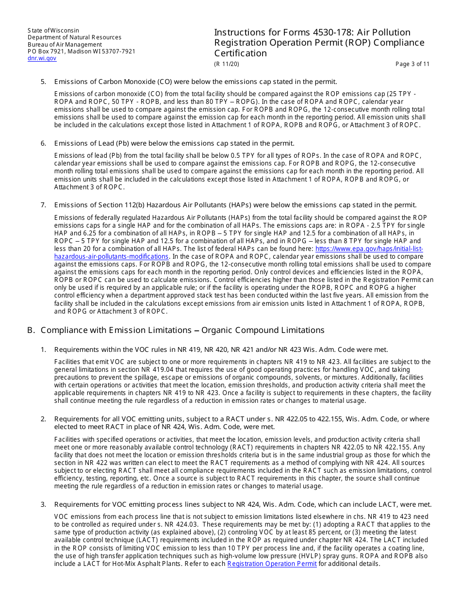 Instructions for Form 4530-178 Air Pollution Registration Operation Permit (Rop) Annual Compliance Certification - Wisconsin, Page 3