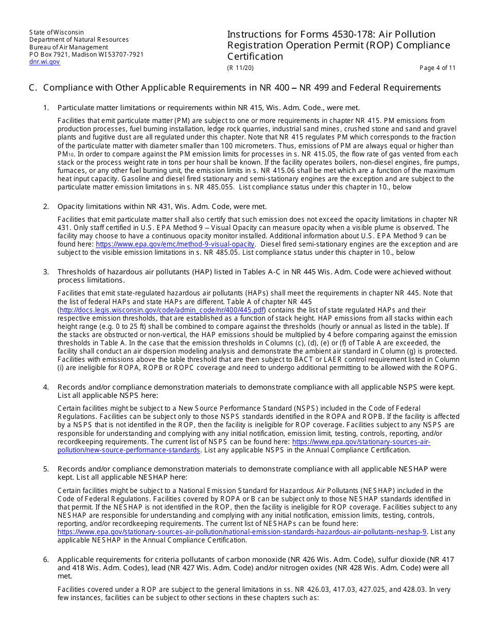 Instructions for Form 4530-178 Air Pollution Registration Operation Permit (Rop) Annual Compliance Certification - Wisconsin, Page 4