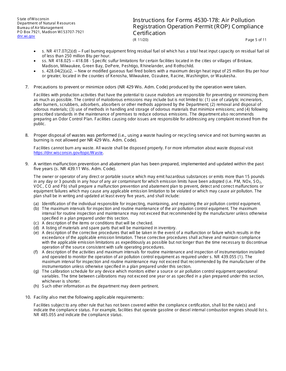 Instructions for Form 4530-178 Air Pollution Registration Operation Permit (Rop) Annual Compliance Certification - Wisconsin, Page 5