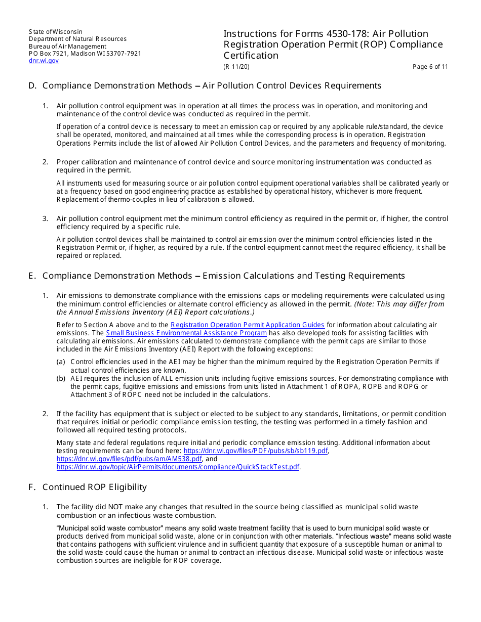 Instructions for Form 4530-178 Air Pollution Registration Operation Permit (Rop) Annual Compliance Certification - Wisconsin, Page 6