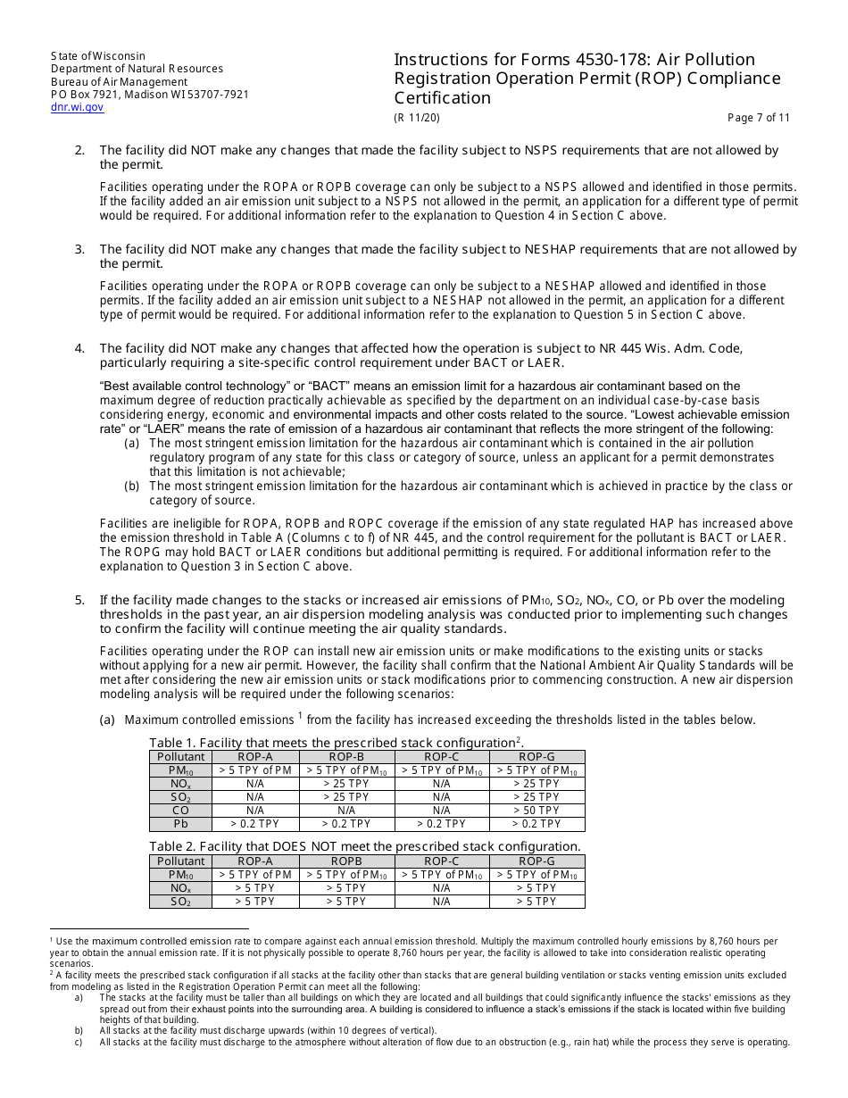 Instructions for Form 4530-178 Air Pollution Registration Operation Permit (Rop) Annual Compliance Certification - Wisconsin, Page 7