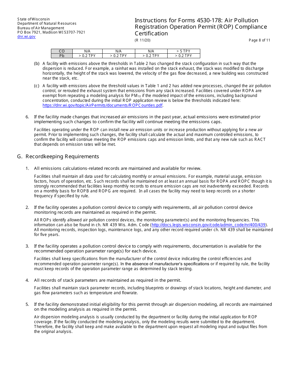 Instructions for Form 4530-178 Air Pollution Registration Operation Permit (Rop) Annual Compliance Certification - Wisconsin, Page 8