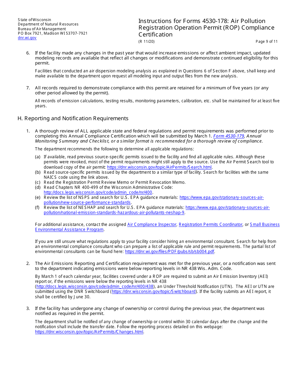Instructions for Form 4530-178 Air Pollution Registration Operation Permit (Rop) Annual Compliance Certification - Wisconsin, Page 9