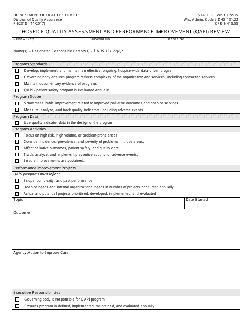 Form F-62318 Hospice Quality Assessment and Performance Improvement (Qapi) Review - Wisconsin