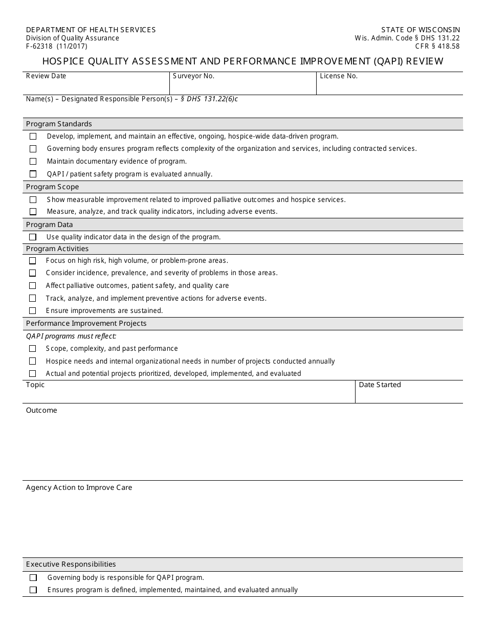 Form F-62318 Hospice Quality Assessment and Performance Improvement (Qapi) Review - Wisconsin, Page 1
