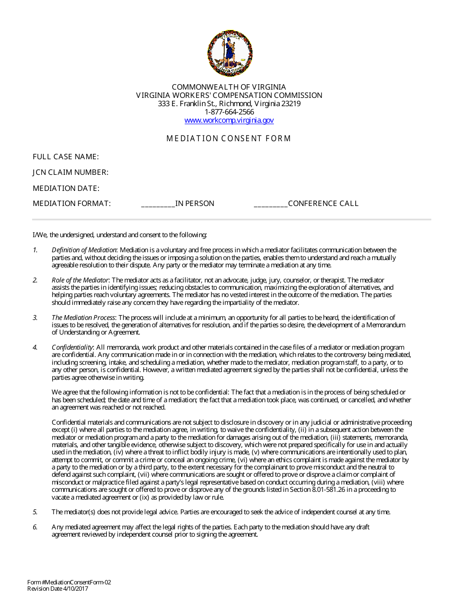 Form A Mediation Consent Form - All Parties Have Legal Counsel - Virginia, Page 1