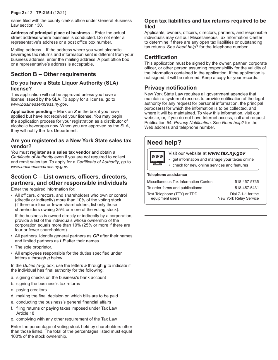 Instructions for Form TP-215 Application for Registration as a Distributor of Alcoholic Beverages - New York, Page 2
