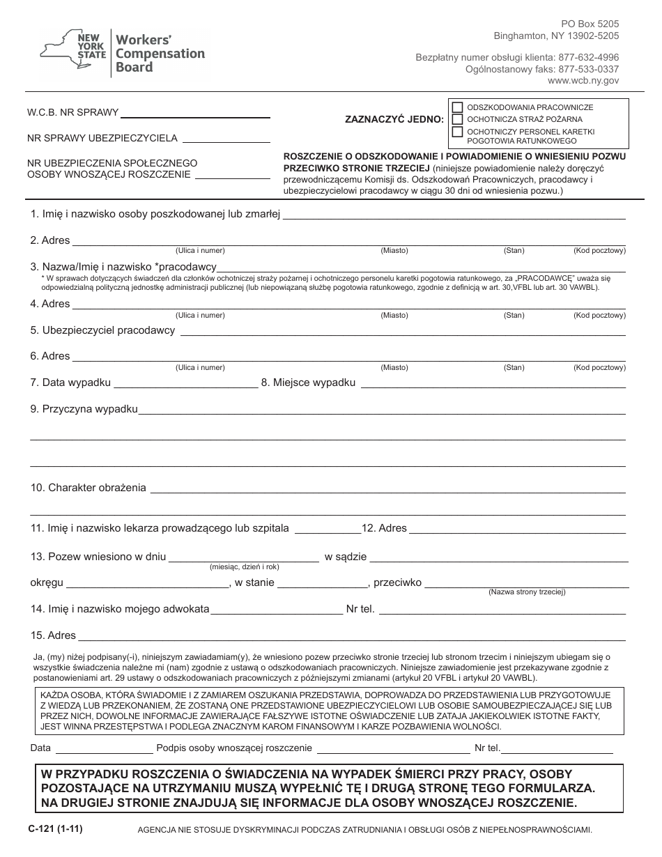 Form C-121 Claim for Compensation and Notice of Commencement of Third-Party Action - New York (Polish), Page 1