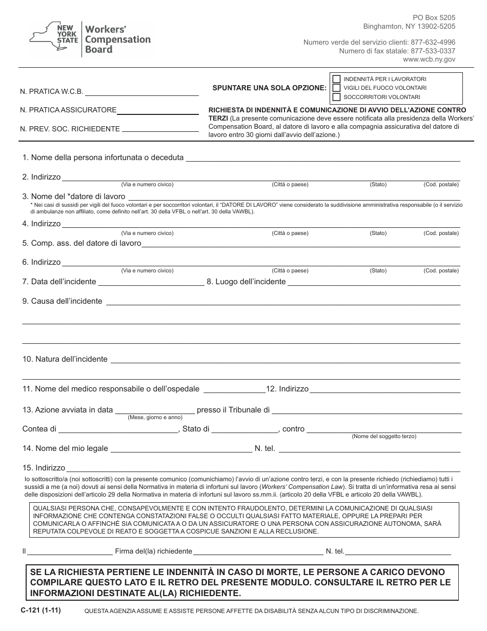 Form C-121 Claim for Compensation and Notice of Commencement of Third-Party Action - New York (Italian), Page 1
