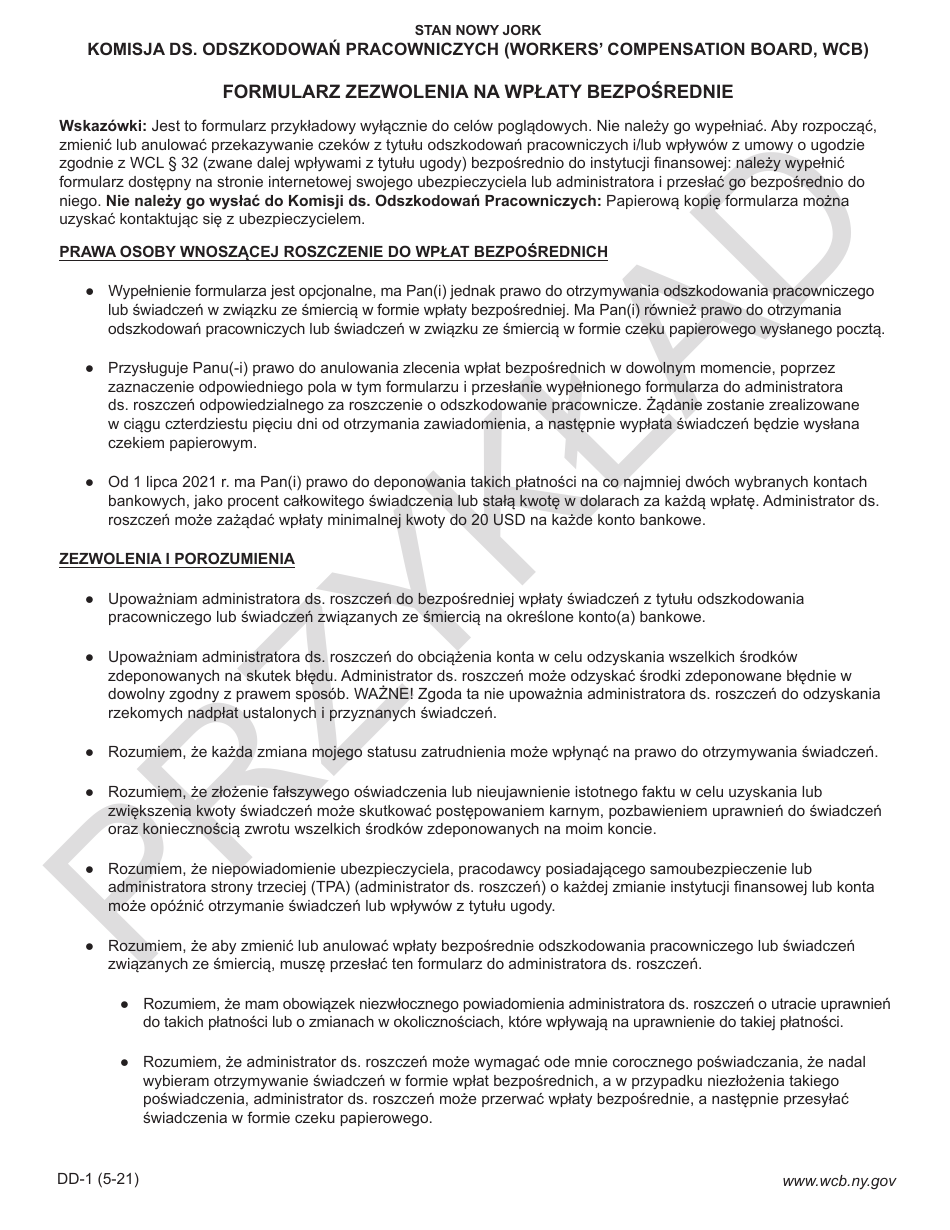 Form DD-1 Direct Deposit Authorization Form - New York (Polish), Page 1